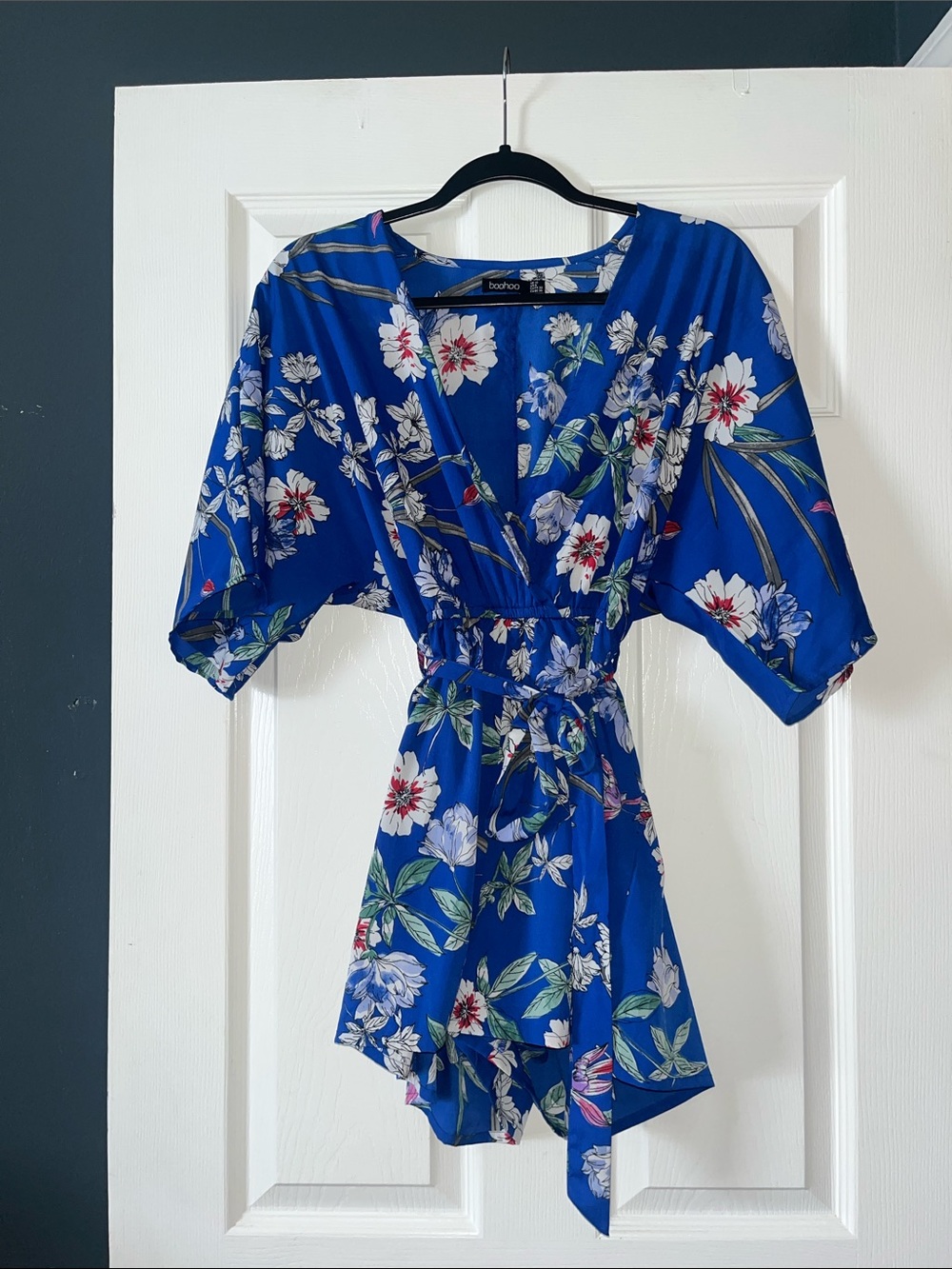 Boohoo Blue Floral Tie-Waist Romper